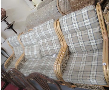 Modern three piece conservatory bamboo wicker upholstered tartan design suite, comprising 2 seater sofa and a pair of arm cha