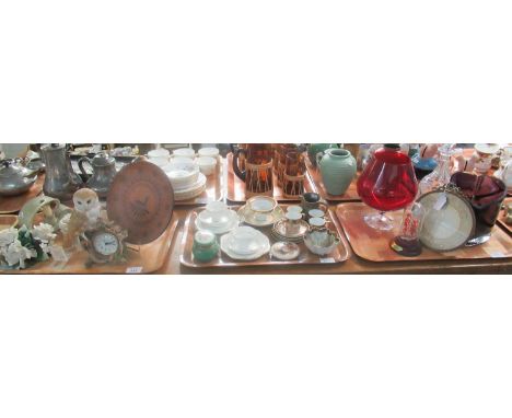 Three trays of assorted items to include a Brooke & Bentley ceramic barn owl clock, a pair of Capodimonte candle sticks with 