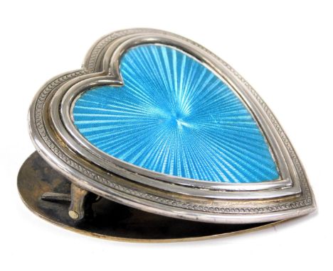 An early 20thC silver and turquoise guilloche enamel heart shaped paper clip, monogram engraved, import marks, Desire Pennell