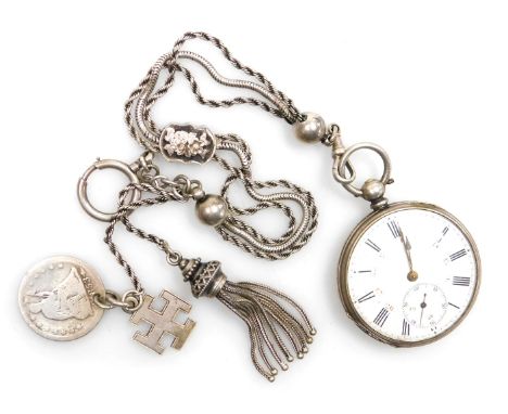 A late 19thC lady's pocket watch, open faced, key wind, circular enamel dial bearing Roman and Arabic numerals, subsidiary se