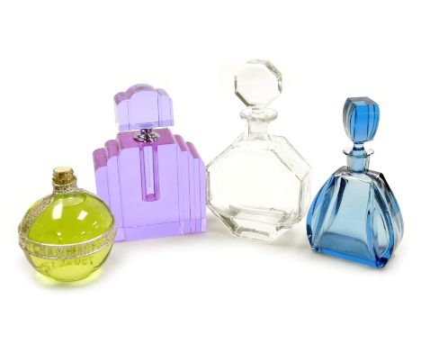 A Villeroy and Boch cut glass octagonal decanter and stopper,  etched mark, 27cm high, an amethyst glass scent bottle and sto