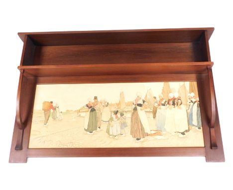 An early 20thC mahogany wall shelf by Liberty, with a panelled back, inset with a print of fisher folk, after Henri Cassiers,