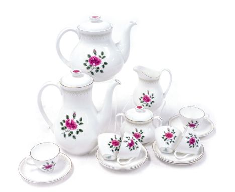 A Royal Doulton porcelain Sweetheart Rose pattern coffee service, comprising coffee pot, sucrier, cream jug, six coffee cups 