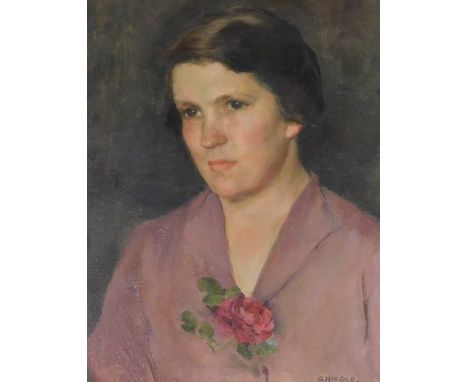 G. Hindle (British, 20thC). Half length portrait of a lady with a rose, oil on canvas, signed, dated 1938, 46cm x 35.5cm. 