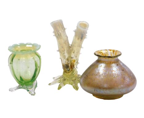 A Loetz Candia Papillon glass vase, 8cm high, together with a Victorian uranium glass vase, modelled as a strawberry, 9cm hig