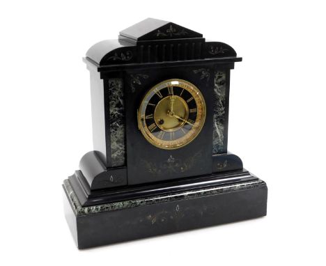 A Victorian slate and marble mantel clock, circular brass dial with black chapter ring bearing Roman numerals, eight day move