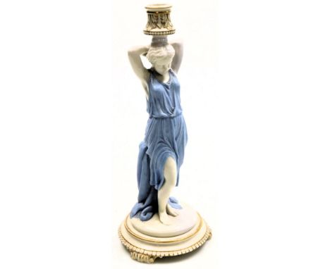 A late 19thC Royal Worcester glazed and bisque porcelain figural candlestick, modelled as a Roman woman, raised on a stepped 