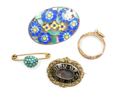 A Victorian 9ct rose gold photo pendant locket, Victorian gilt metal and black enamel "In Memory Of" memorial brooch, turquoi