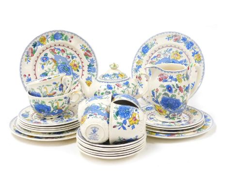 A Mason's Ironstone Regency pattern tea service, comprising teapot, milk jug, tea cups, six saucers and tea plates, six furth