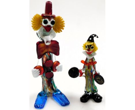 A Murano glass figure of a clown, with cymbals, 28.5cm high, and a further figure of a clown with a large bow tie, 42cm high.