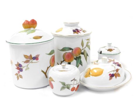 A group of Royal Worcester Evesham pattern oven to table wares, comprising two storage jars and covers, butter dish and cover