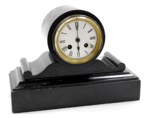 A Victorian slate mantel clock, circular enamel dial bearing Roman numerals, eight day movement with bell strike, the case of