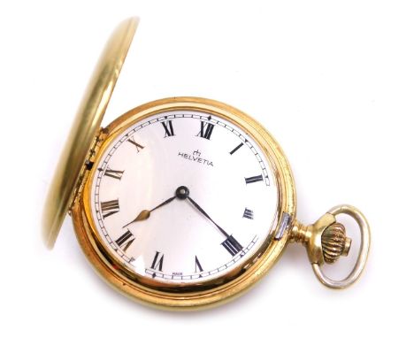 An early 20thC Helvetia gold plated gentleman's Hunter pocket watch, keyless wind, enamel dial bearing Roman numerals, Swiss 