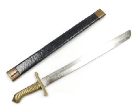 A 19thC infantry short sword, with a brass hilt stamped 19 to the guard, with a leather bound scabbard, 64cm long. 