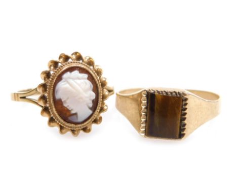 A 9ct gold lady's tiger's eye set signet ring, size R, together with a 9ct gold and cameo ring, bust portrait of a lady, size