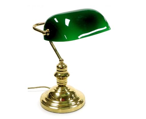 A brass desk lamp, with a green glass shade, 26cm wide. Buyer Note: WARNING! This lot contains untested or unsafe electrical 