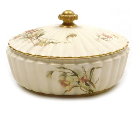 A Royal Worcester blush porcelain bowl and cover, c1892, of fluted form, painted with sprays of meadow flowers, printed mark,