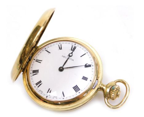 A Helvetia gold plated gentleman's hunter pocket watch, key less wind, circular enamel dial bearing Roman numerals, 17 jewell