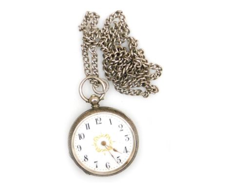 A lady's silver cased pocket watch, open faced, key wind, circular enamel dial bearing Arabic numerals, the case with engrave