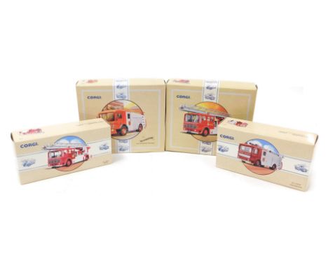 Four Corgi diecast classic fire engines, boxed, comprising The Nottingham AEC Pump Escape fire engine, 97355, Cardiff AEC Lad