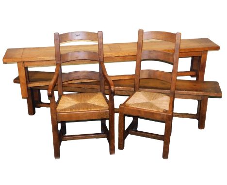 A pair of oak refectory benches, raised on square legs united by a H framed stretcher, 45cm high, 220cm wide, together with a