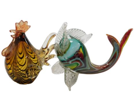A Murano glass model of a dolphin, 27cm high, together with another glass figure of a rooster, 20cm wide. (2)