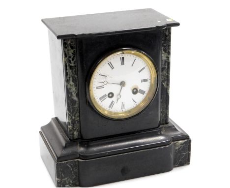 A late 19thC French slate and marble mantel clock, circular enamel dial bearing Roman numerals, eight day movement by Japy Fr