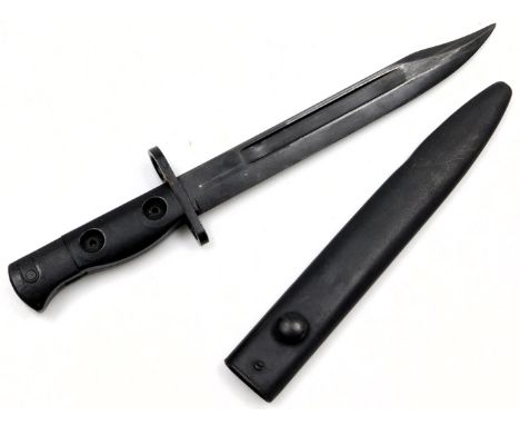 A British SLR1A3 bayonet, dated 71 and bearing serial no. 9600257, with scabbard, 32cm long.