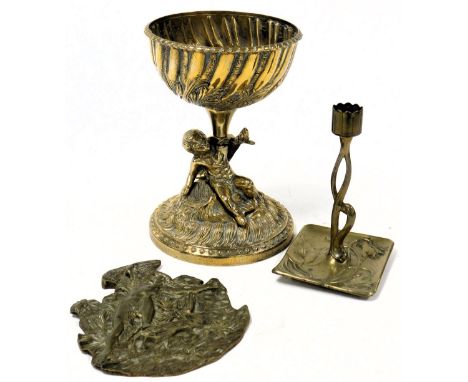 A 20thC Continental brass pedestal sweet meat dish,  the bowl with semi fluted and foliate embossed decoration, raised on a p