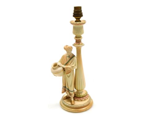 A Royal Worcester blush porcelain figural table lamp, c1897, the baluster lamp column fronted by an Indian gentleman holding 