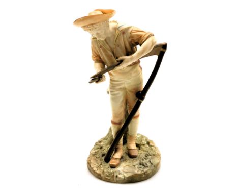 A Royal Worcester blush porcelain figure of a man with a scythe, c1895, model no. 1293, printed marks, 22cm high.  (AF)