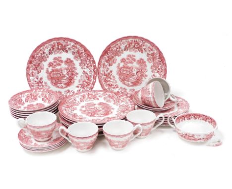 A Franciscan pottery Tronquin pattern part dinner and tea service, printed in red and white, comprising six dinner plates and