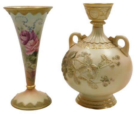 A late 19thC Royal Worcester blush porcelain vase, c1888, of twin handle baluster form, moulded with blackberries, model no. 
