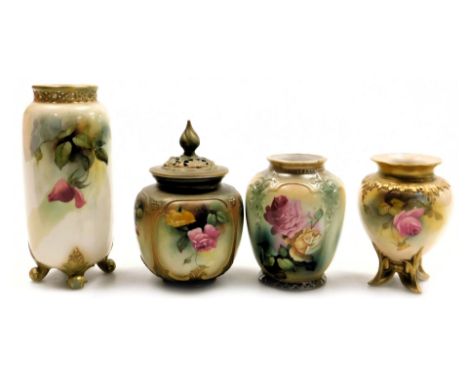 A group of late 19th/early 20thC Royal Worcester blush porcelain vases, comprising a potpourri vase and cover, painted with r