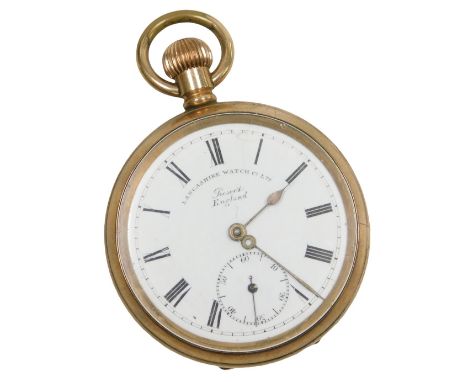 An early 20thC Lancashire Watch Company Limited gentleman's gold plated pocket watch, open faced, key less wind, circular ena