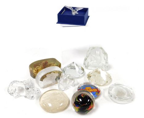 A group of paperweights and sculptures, including advertising weights for Griffiths Bros and Company Ferrodor Paint, Mono Con
