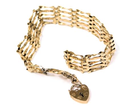 A 9ct gold five bar gate bracelet, on a heart shaped padlock clasp, 5.9g.