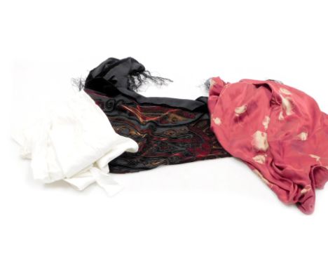 An S&amp;R pure silk red shirt, size L, with floral design, together with a silk shawl, and two vintage linen and lace Christ