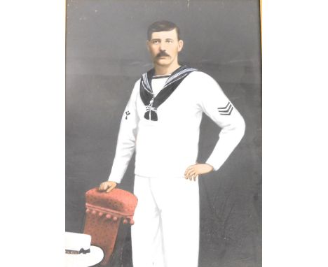 English School (19thC).  A portrait of a sailor, three quarter length with a hat for HMS Kent, gouache, 56cm x 40cm.