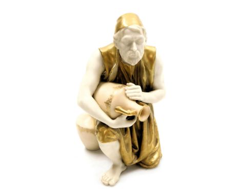 A Royal Worcester blush porcelain figure of a kneeling water carrier, c1924, model no.1637, printed marks, 24.5cm high.