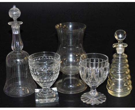 Two Victorian cut glass rummers, an etched glass bell shaped decanter and stopper, cut glass celery vase, with a folded foot,