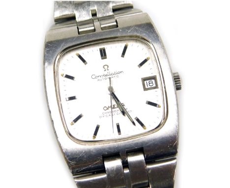 An Omega Constellation chronometer stainless steel gentleman's wristwatch, square silvered dial with centre seconds, date ape