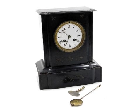 A Victorian slate mantel clock, the circular enamel dial bearing Roman numerals, eight day movement with bell strike, the cas