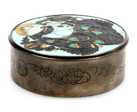 An early 20thC Austrian silver and cloisonne enamel box, decorated to the lid with a stylised peacock, stamped XPM 1911, 5.08