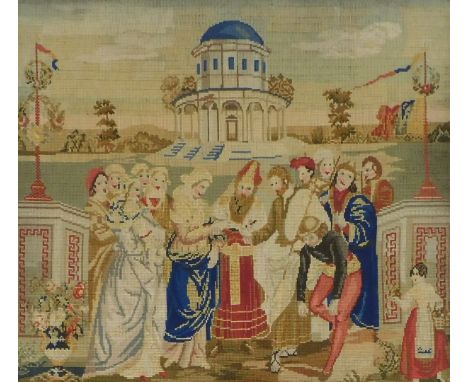 A Victorian wool work tapestry picture, showing a medieval wedding, rosewood framed, 50cm x 54cm. 