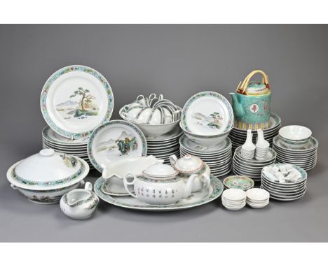 CHINESE VINTAGE DINNER SERVICE, with turquoise ground mun shou decoration, 132 pieces comprising of: plates, bowls, spoons, t