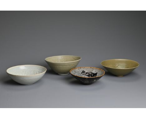 FOUR CHINESE CERAMIC BOWLS, SONG DYNASTY AND LATER. To include a Yaozhou type bowl decorated with fish, Song dynasty style; A