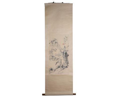 A CHINESE WATERCOLOUR IN SCROLL, ATTRIBUTED TO JIANG YIN, 20TH CENTURY. Ink on paper depicting a mountain landscape scene wit