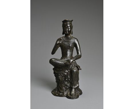 A KOREAN-STYLE CAST METAL BODHISATTVA, MAITREYA, after the 6-7th century model, seated with right leg crossed over his left, 