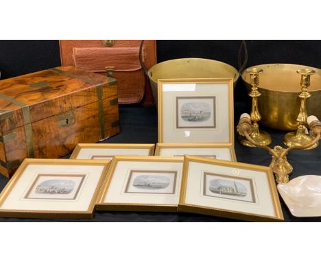 Boxes and objects - 19th century walnut and brass bound writing slope, 36cm wide, mother of pearl dish, brass jam pans, pair 